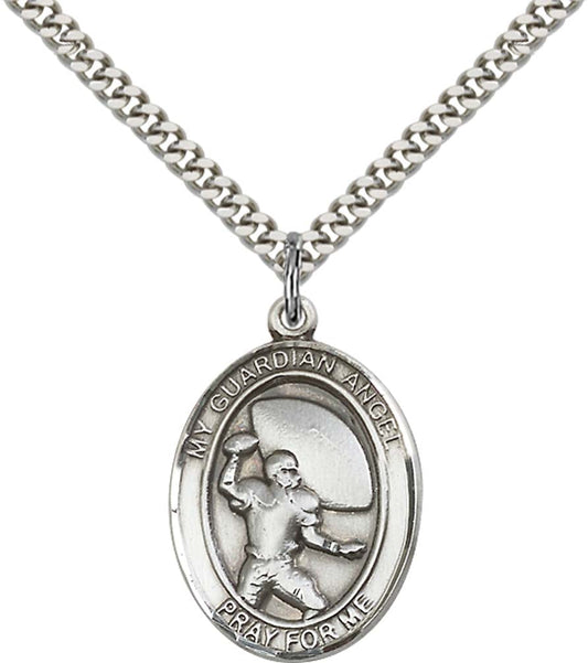 Sterling Silver Guardian Angel/Football Pendant with 24 Inch Light Rhodium Heavy Curb Chain