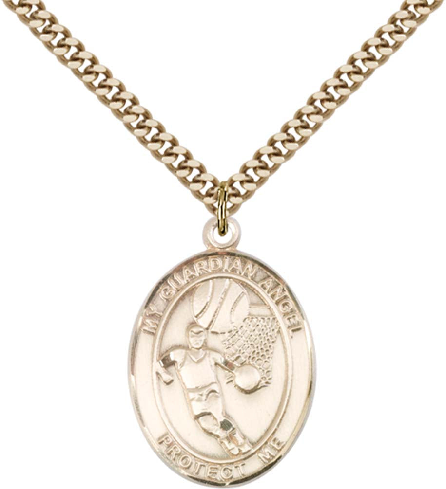 14kt Gold Filled Guardian Angel/Basketball Pendant with 24 inch Gold Plate Heavy Curb Chain
