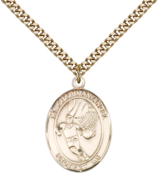 14kt Gold Filled Guardian Angel/Basketball Pendant with 24 inch Gold Plate Heavy Curb Chain