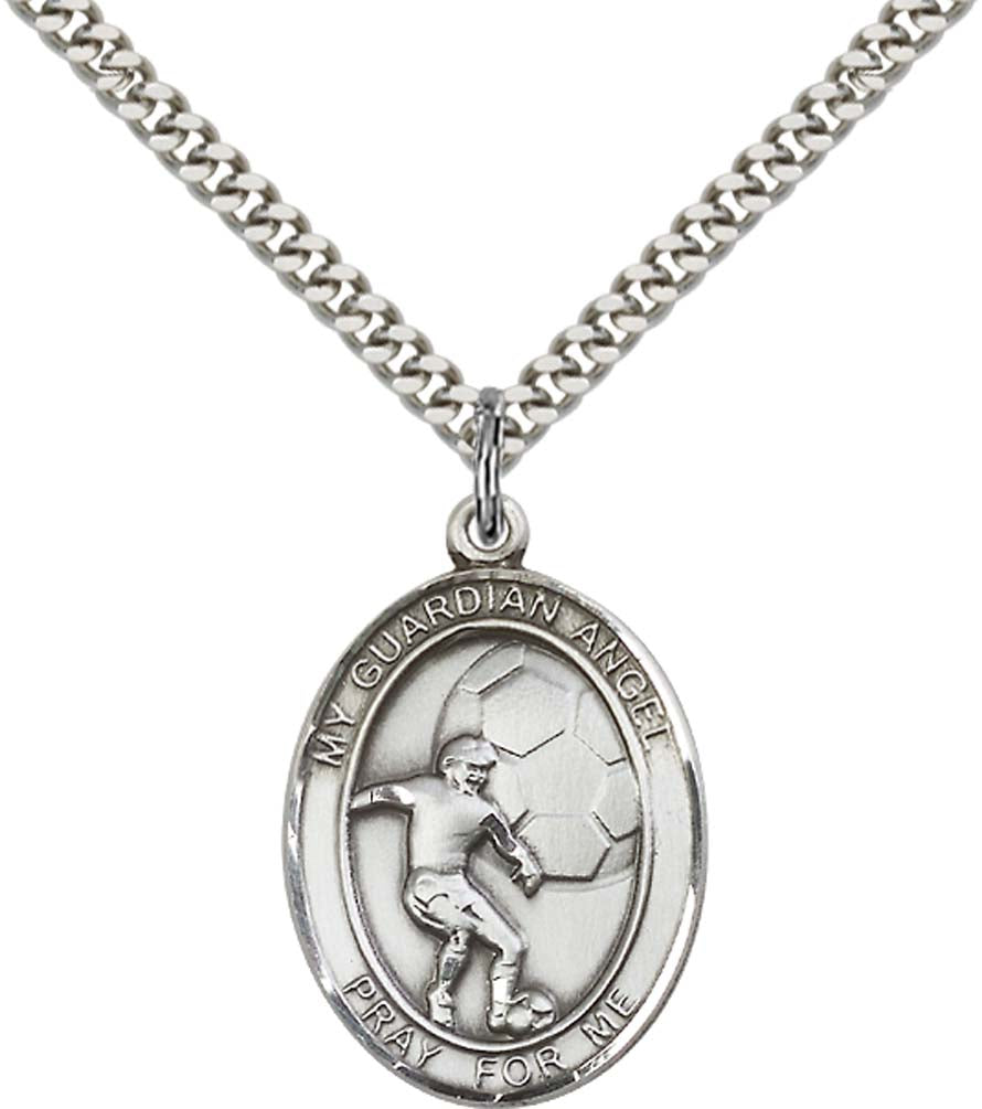 Sterling Silver Guardian Angel/Soccer Pendant with 24 Inch Light Rhodium Heavy Curb Chain