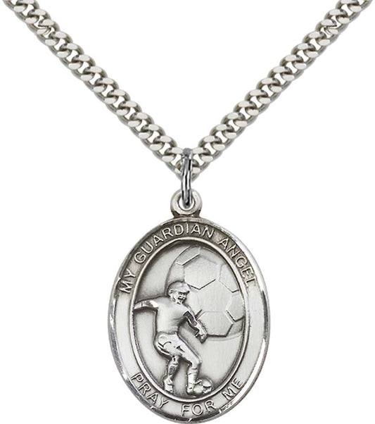 Sterling Silver Guardian Angel/Soccer Pendant with 24 Inch Light Rhodium Heavy Curb Chain