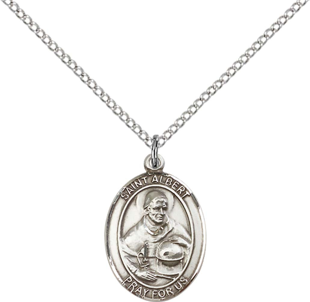 Sterling Silver St. Albert the Great Pendant with 18 inch Sterling Silver Light Curb Chain - Medium