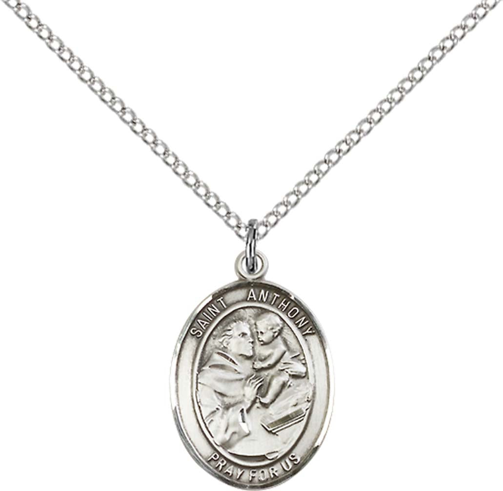 Sterling Silver St. Anthony of Padua Pendant with 18 inch Sterling Silver Light Curb Chain - Medium