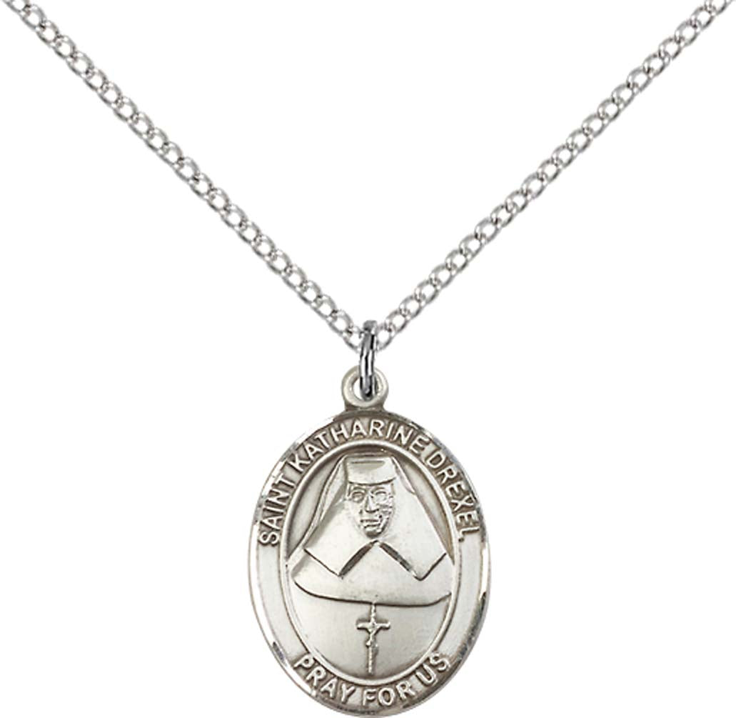 Sterling Silver St. Katharine Drexel Pendant with 18 inch Sterling Silver Light Curb Chain - Medium