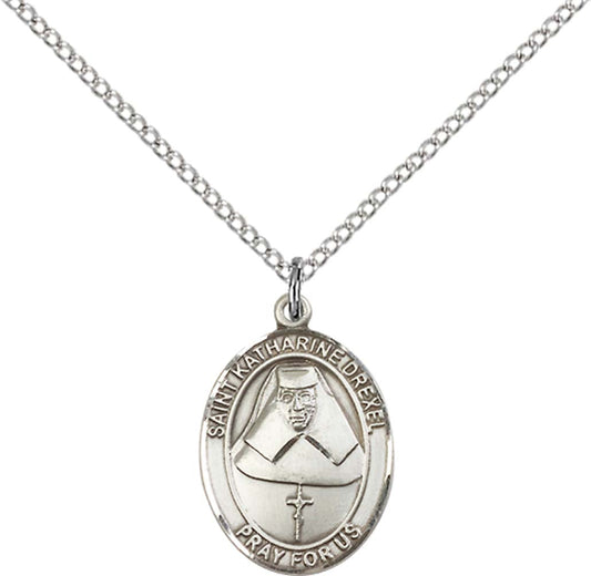 Sterling Silver St. Katharine Drexel Pendant with 18 inch Sterling Silver Light Curb Chain - Medium
