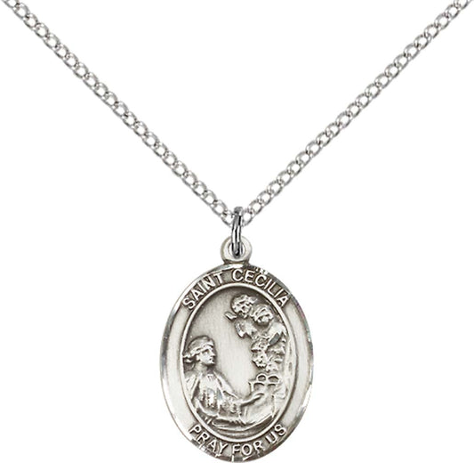 Sterling Silver St. Cecilia Pendant with 18 inch Sterling Silver Light Curb Chain - Medium