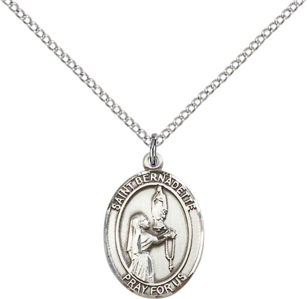 Sterling Silver St. Bernadette Pendant with 18 inch Sterling Silver Light Curb Chain - Medium