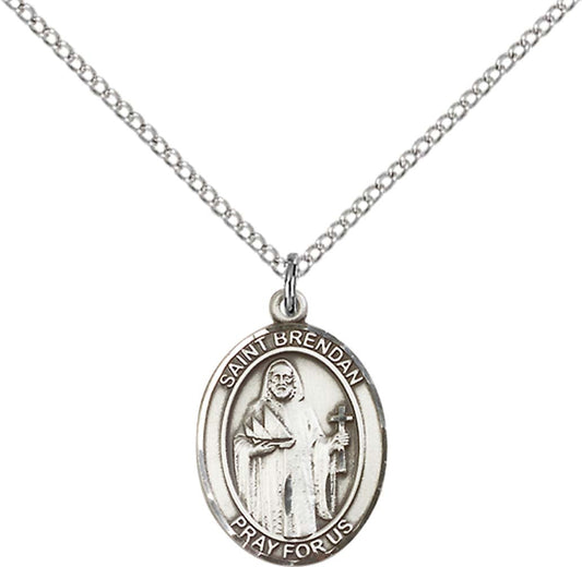 Sterling Silver St. Brendan the Navigator Pendant with 18 inch Sterling Silver Light Curb Chain - Medium