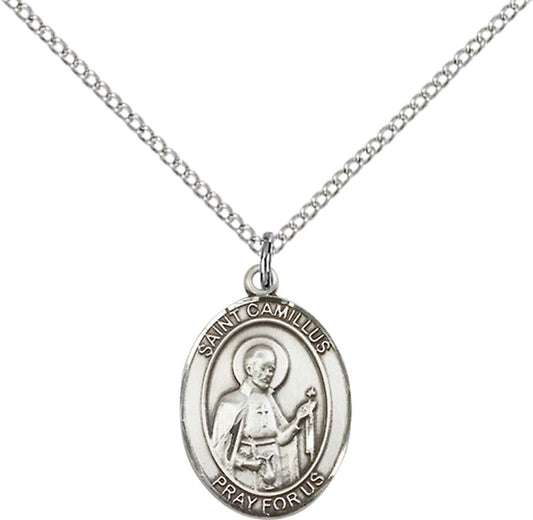 Sterling Silver St. Camillus of Lellis Pendant with 18 inch Sterling Silver Light Curb Chain - Medium