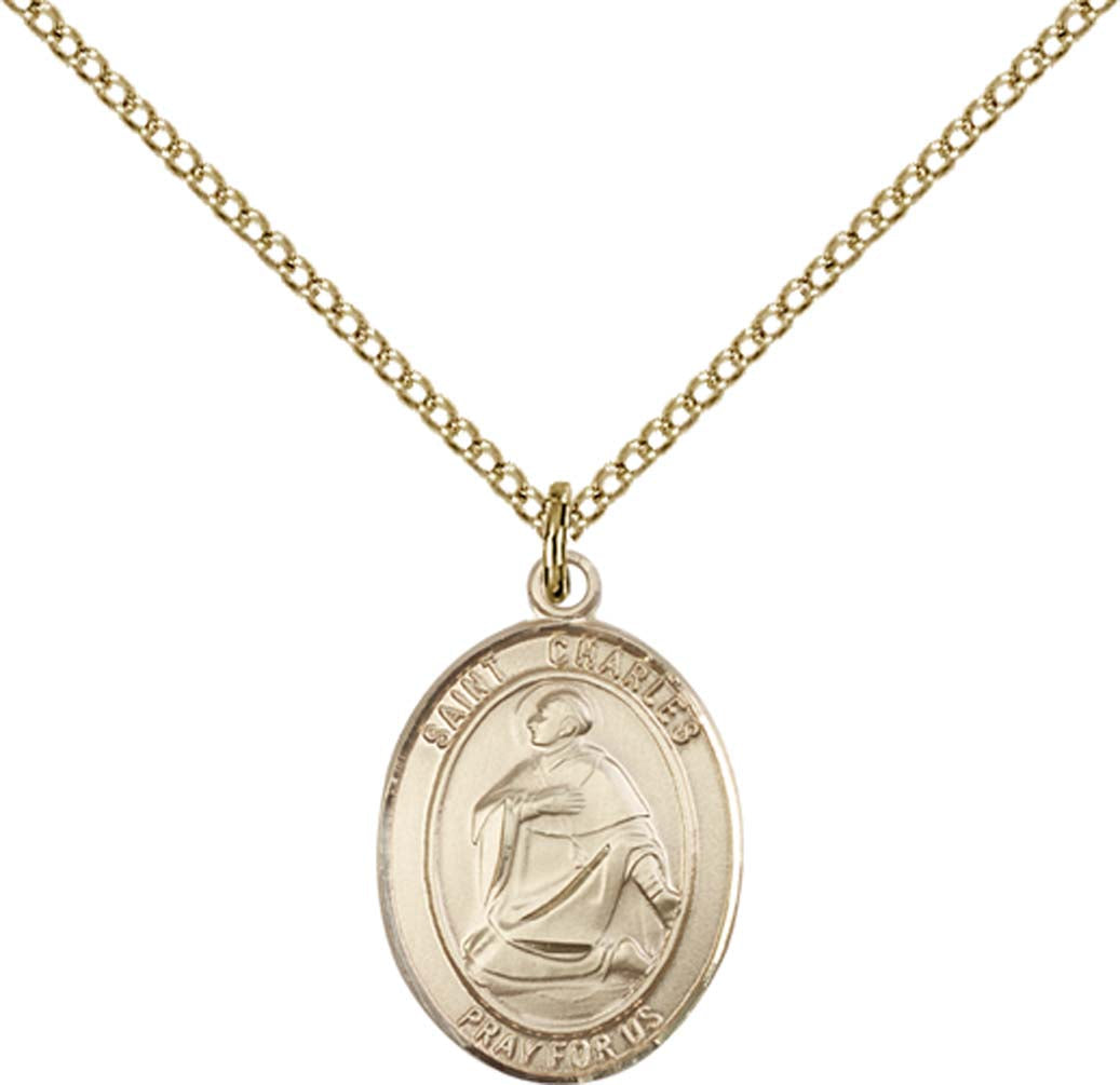 14kt Gold Filled St. Charles Borromeo Pendant with 18 inch Gold Filled Light Curb Chain - Medium