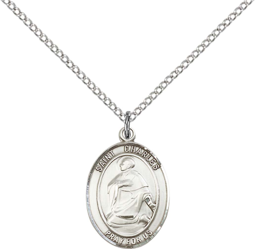 Sterling Silver St. Charles Borromeo Pendant with 18 inch Sterling Silver Light Curb Chain - Medium