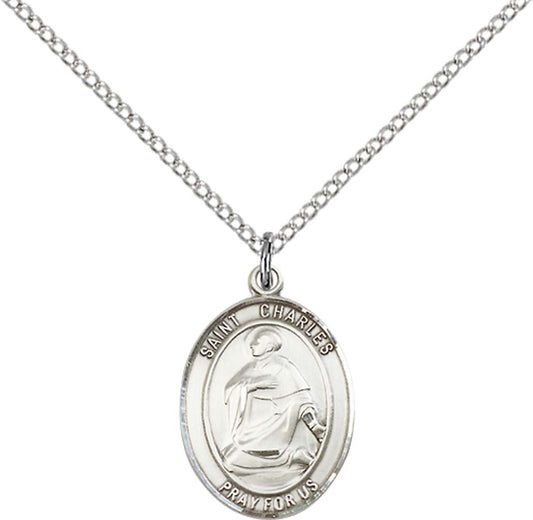 Sterling Silver St. Charles Borromeo Pendant with 18 inch Sterling Silver Light Curb Chain - Medium
