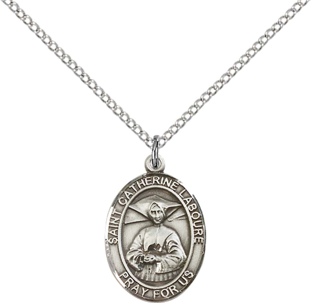 Sterling Silver St. Catherine Laboure Pendant with 18 inch Sterling Silver Light Curb Chain - Medium