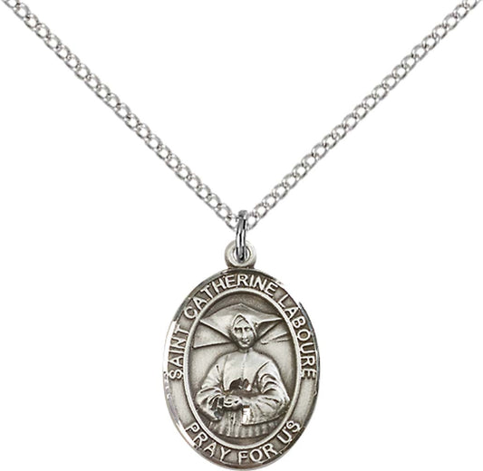 Sterling Silver St. Catherine Laboure Pendant with 18 inch Sterling Silver Light Curb Chain - Medium