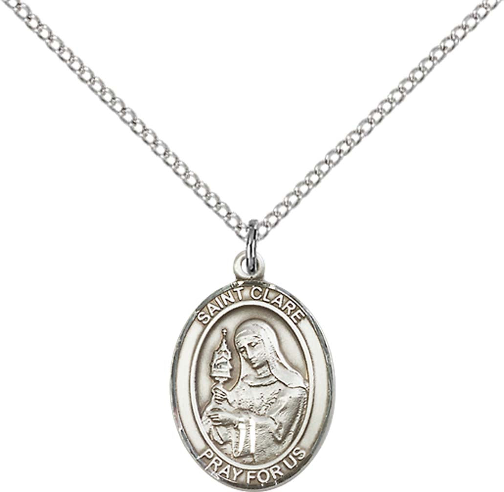 Sterling Silver St. Clare of Assisi Pendant with 18 inch Sterling Silver Light Curb Chain - Medium