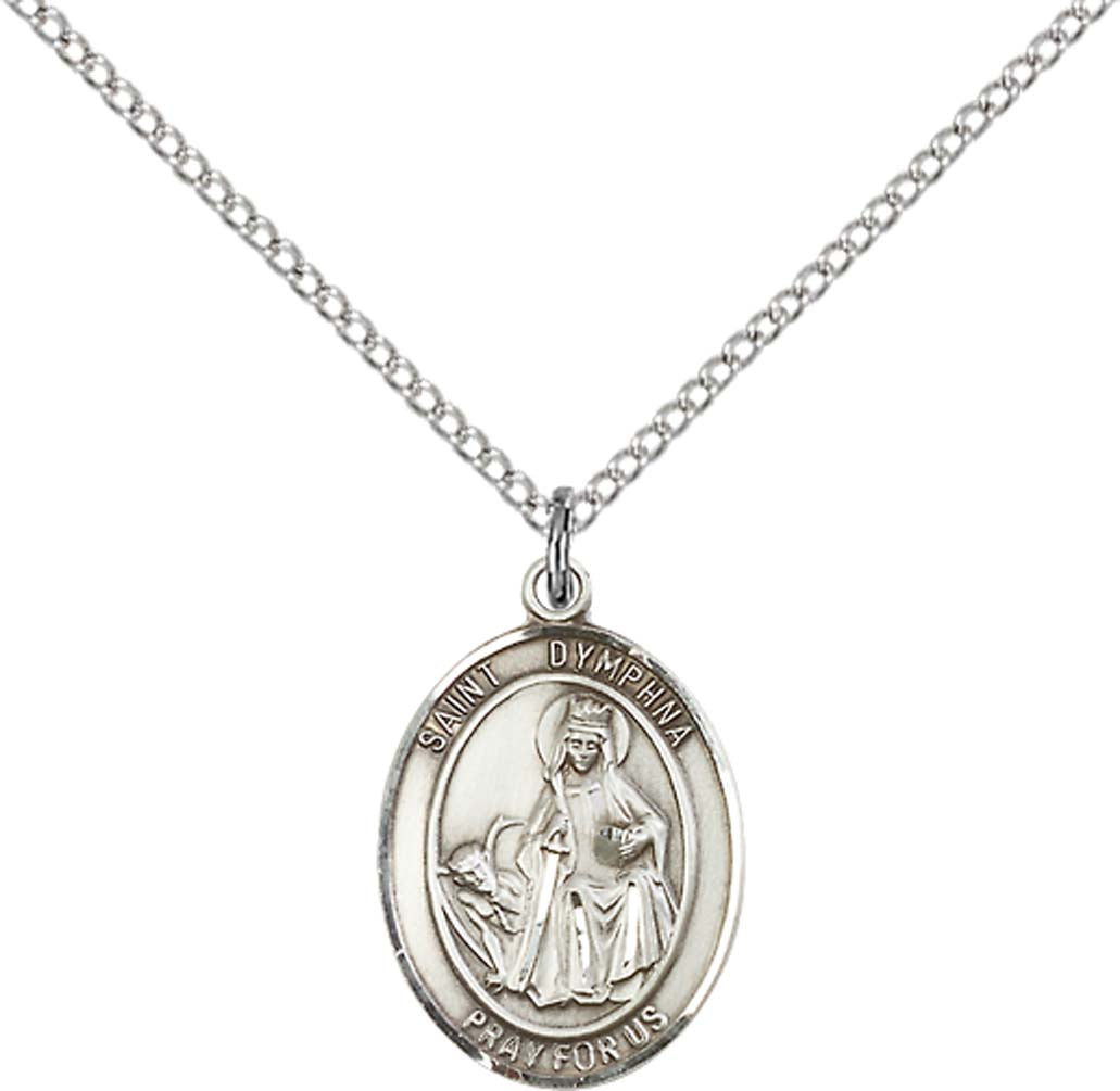 Sterling Silver St. Dymphna Pendant with 18 inch Sterling Silver Light Curb Chain - Medium