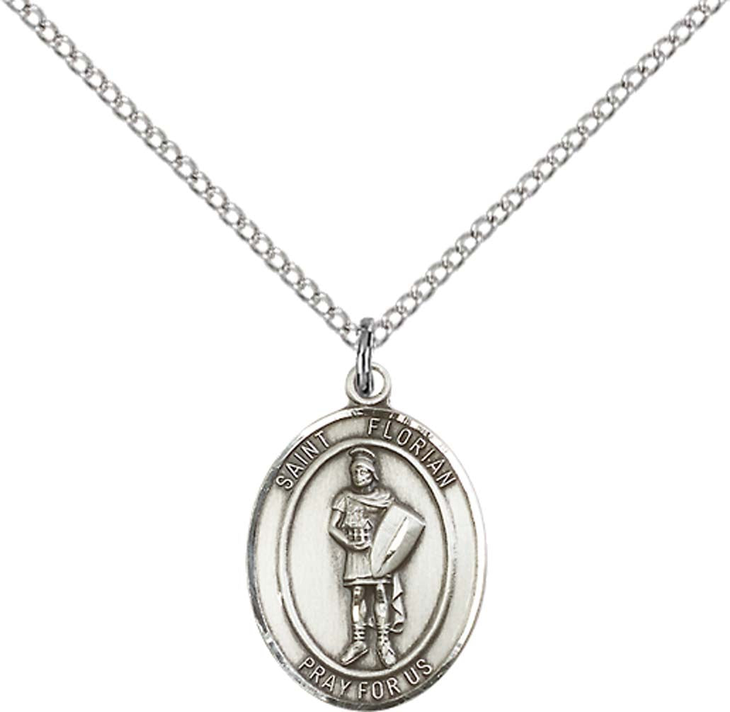 Sterling Silver St. Florian Pendant with 18 inch Sterling Silver Light Curb Chain - Medium