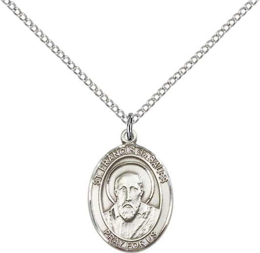 Sterling Silver St. Francis De Sales Pendant with 18 inch Sterling Silver Light Curb Chain - Medium