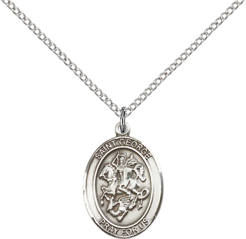Sterling Silver St. George Pendant with 18 inch Sterling Silver Light Curb Chain - Medium