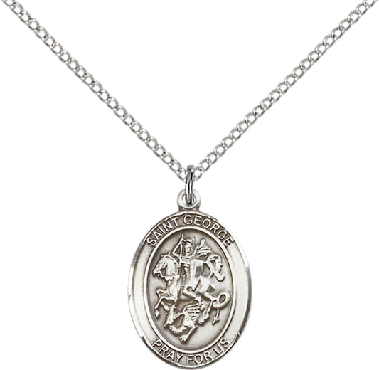 Sterling Silver St. George Pendant with 18 inch Sterling Silver Light Curb Chain - Medium