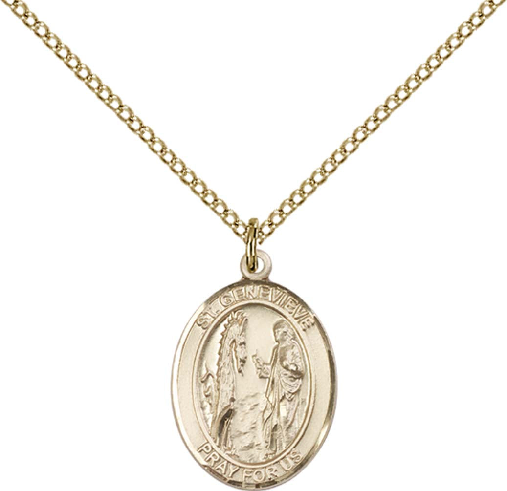 14kt Gold Filled St. Genevieve Pendant with 18 inch Gold Filled Light Curb Chain - Medium