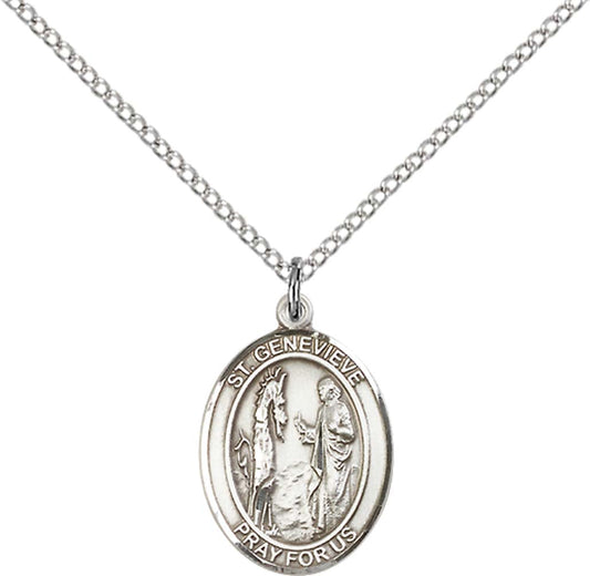 Sterling Silver St. Genevieve Pendant with 18 inch Sterling Silver Light Curb Chain - Medium