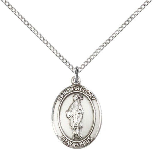 Sterling Silver St. Gregory the Great Pendant with 18 inch Sterling Silver Light Curb Chain - Medium