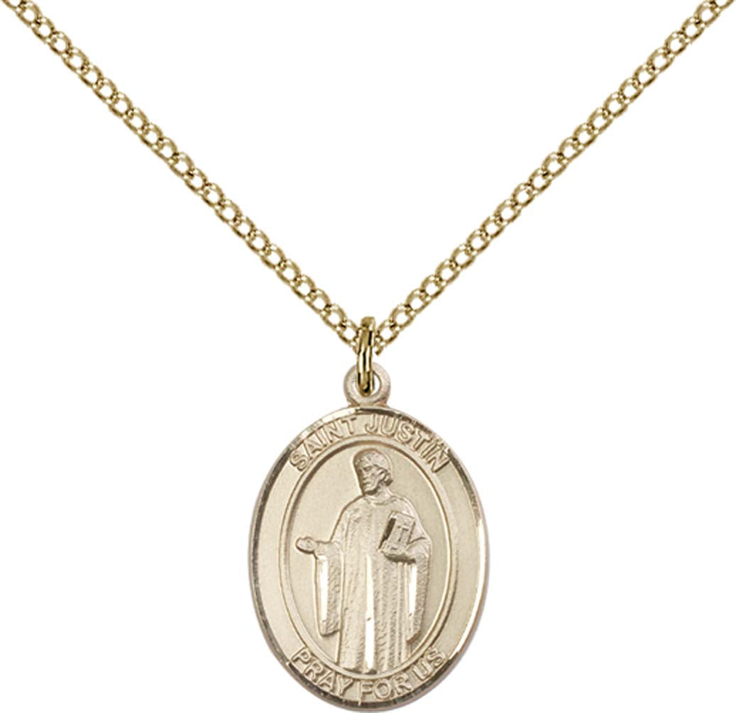 14kt Gold Filled St. Justin Pendant with 18 inch Gold Filled Light Curb Chain - Medium