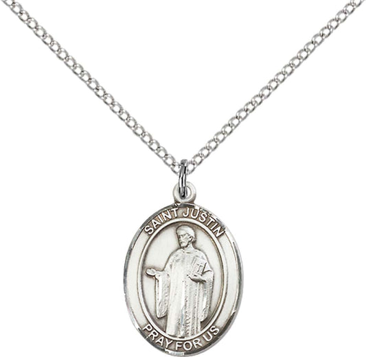 Sterling Silver St. Justin Pendant with 18 inch Sterling Silver Light Curb Chain - Medium