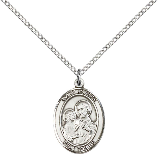 Sterling Silver St. Joseph Pendant with 18 inch Sterling Silver Light Curb Chain - Medium