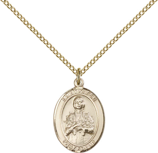 14kt Gold Filled St. Kateri Pendant with 18 inch Gold Filled Light Curb Chain - Medium