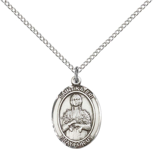 Sterling Silver St. Kateri Pendant with 18 inch Sterling Silver Light Curb Chain - Medium