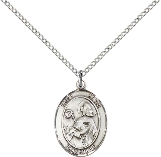 Sterling Silver St. Kevin Pendant with 18 inch Sterling Silver Light Curb Chain - Medium