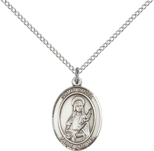 Sterling Silver St. Lucia of Syracuse Pendant with 18 inch Sterling Silver Light Curb Chain - Medium
