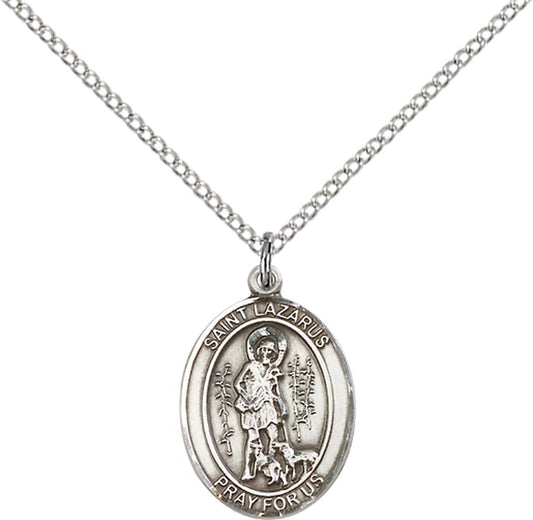Sterling Silver St. Lazarus Pendant with 18 inch Sterling Silver Light Curb Chain - Medium