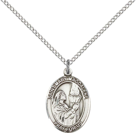 Sterling Silver St. Mary Magdalene Pendant with 18 inch Sterling Silver Light Curb Chain - Medium