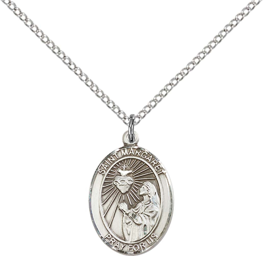 Sterling Silver St. Margaret Mary Alacoque Pendant with 18 inch Sterling Silver Light Curb Chain - Medium