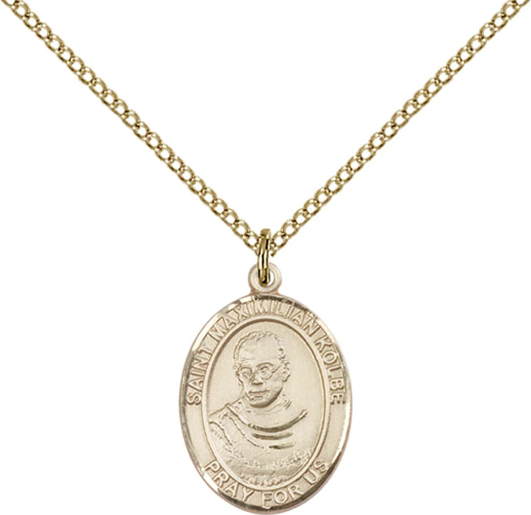 14kt Gold Filled St. Maximilian Kolbe Pendant with 18 inch Gold Filled Light Curb Chain - Medium