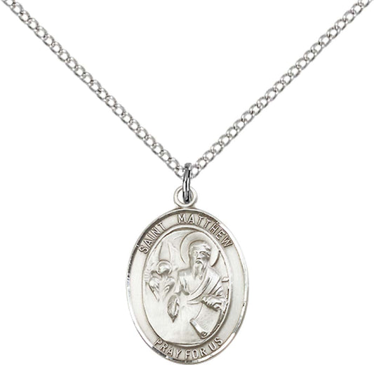 Sterling Silver St. Matthew the Apostle Pendant with 18 inch Sterling Silver Light Curb Chain - Medium