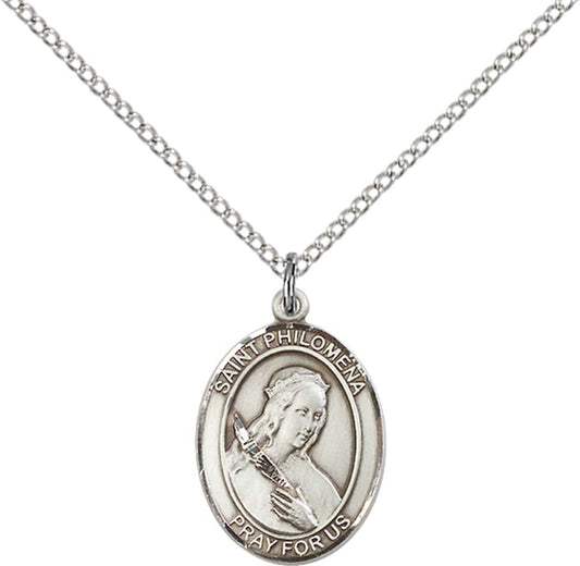 Sterling Silver St. Philomena Pendant with 18 inch Sterling Silver Light Curb Chain - Medium