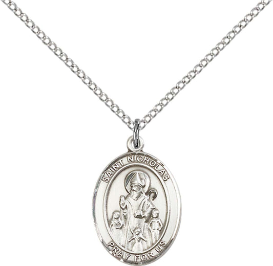 Sterling Silver St. Nicholas Pendant with 18 inch Sterling Silver Light Curb Chain - Medium