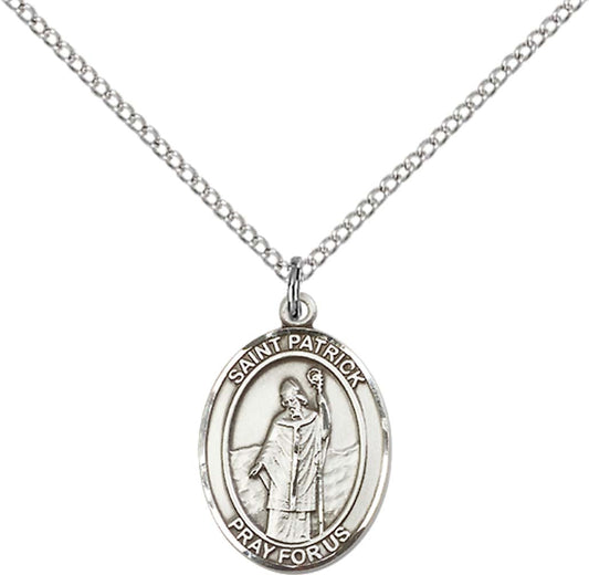Sterling Silver St. Patrick Pendant with 18 inch Sterling Silver Light Curb Chain - Medium
