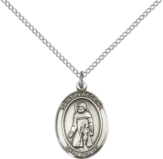 Sterling Silver St. Peregrine Laziosi Pendant with 18 inch Sterling Silver Light Curb Chain - Medium