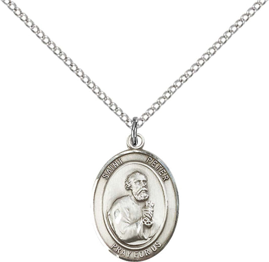 Sterling Silver St. Peter the Apostle Pendant with 18 inch Sterling Silver Light Curb Chain - Medium