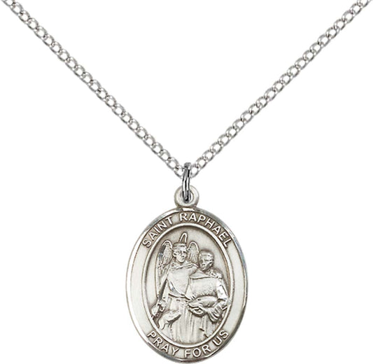Sterling Silver St. Raphael the Archangel Pendant with 18 inch Sterling Silver Light Curb Chain - Medium