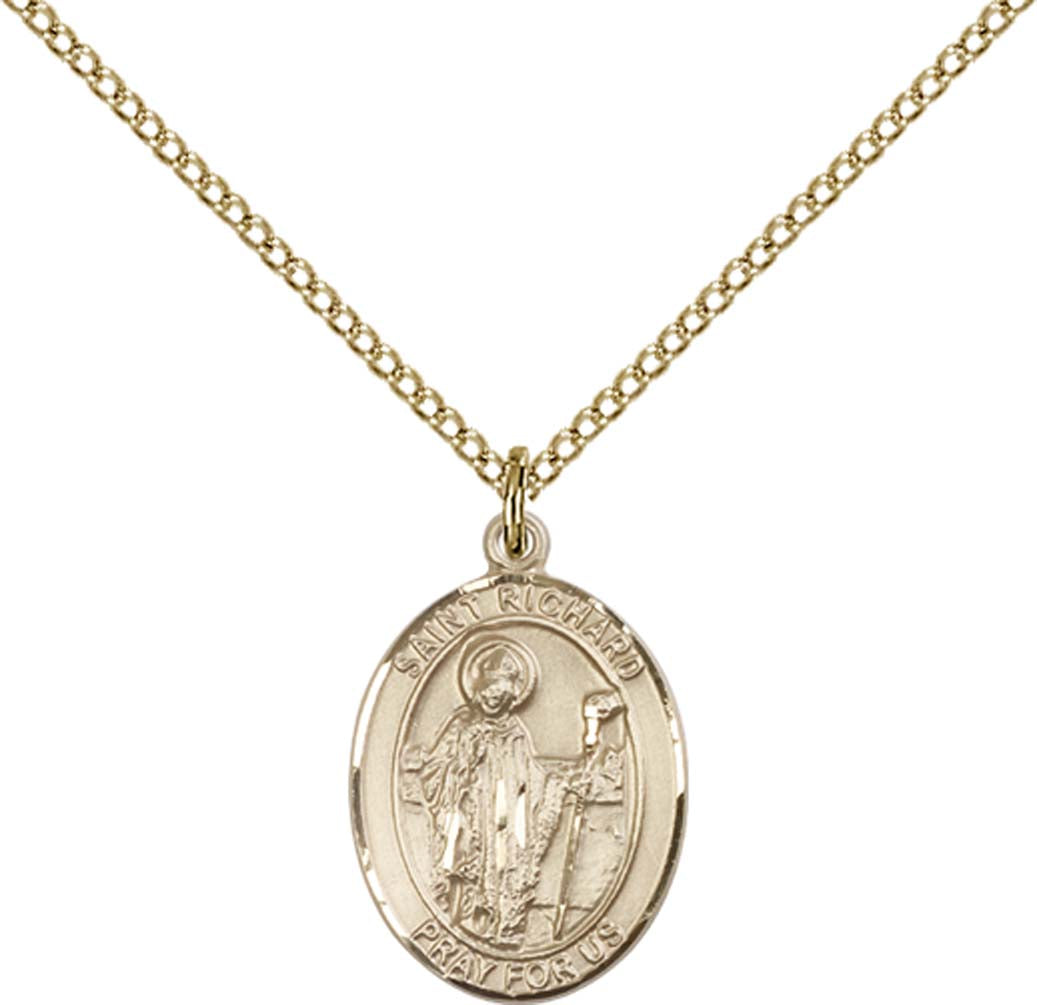14kt Gold Filled St. Richard Pendant with 18 inch Gold Filled Light Curb Chain - Medium