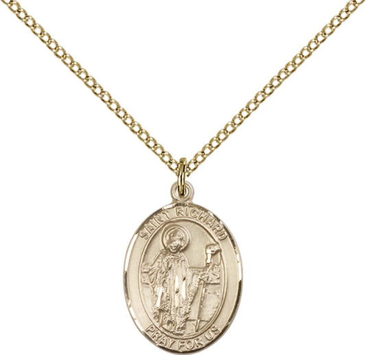 14kt Gold Filled St. Richard Pendant with 18 inch Gold Filled Light Curb Chain - Medium
