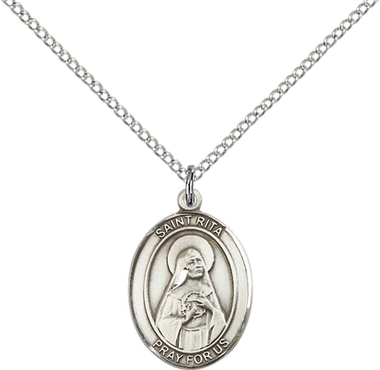 Sterling Silver St. Rita of Cascia Pendant with 18 inch Sterling Silver Light Curb Chain - Medium