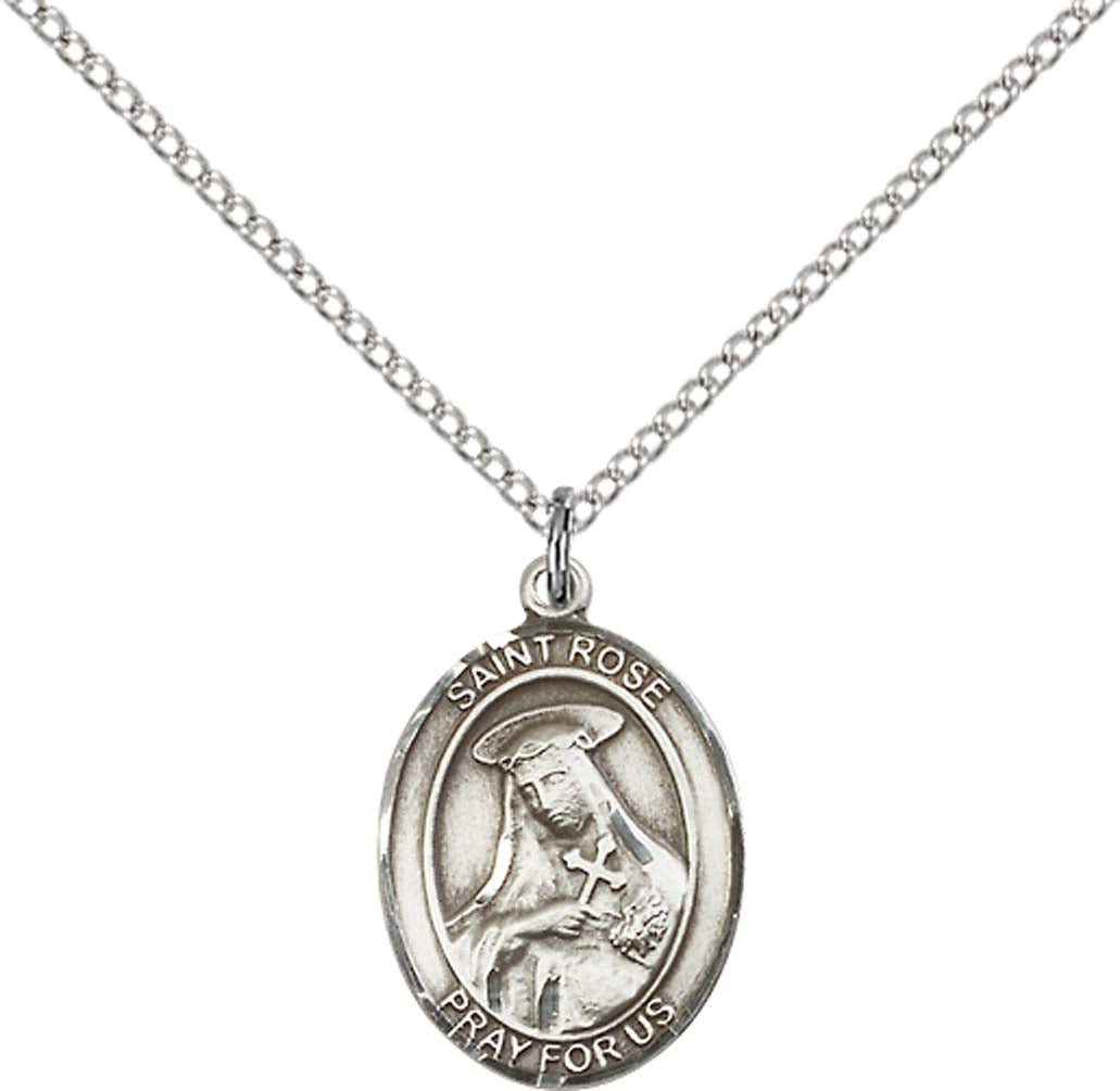 Sterling Silver St. Rose of Lima Pendant with 18 inch Sterling Silver Light Curb Chain - Medium