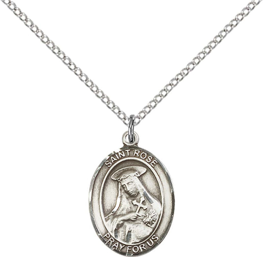 Sterling Silver St. Rose of Lima Pendant with 18 inch Sterling Silver Light Curb Chain - Medium